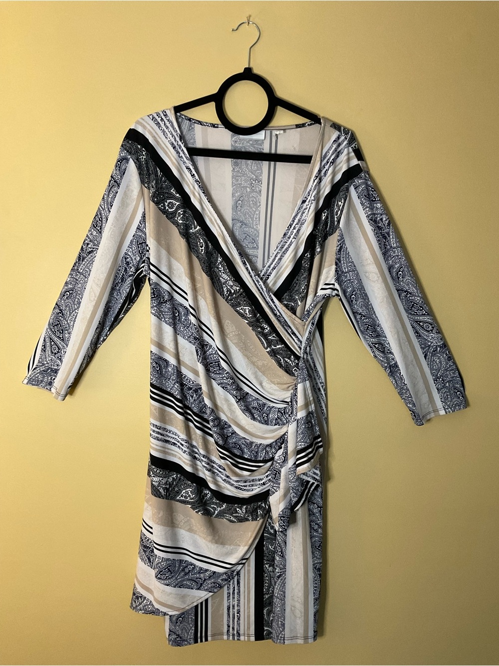 New York & Company Striped Paisley Wrap Dress in Black, White & Cream